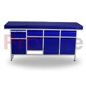 blue colored full examination couch with four drawers and four cabinets