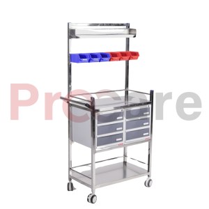 powder coated crash cart trolley with six drawers, Two trays, Medicine box and wheels