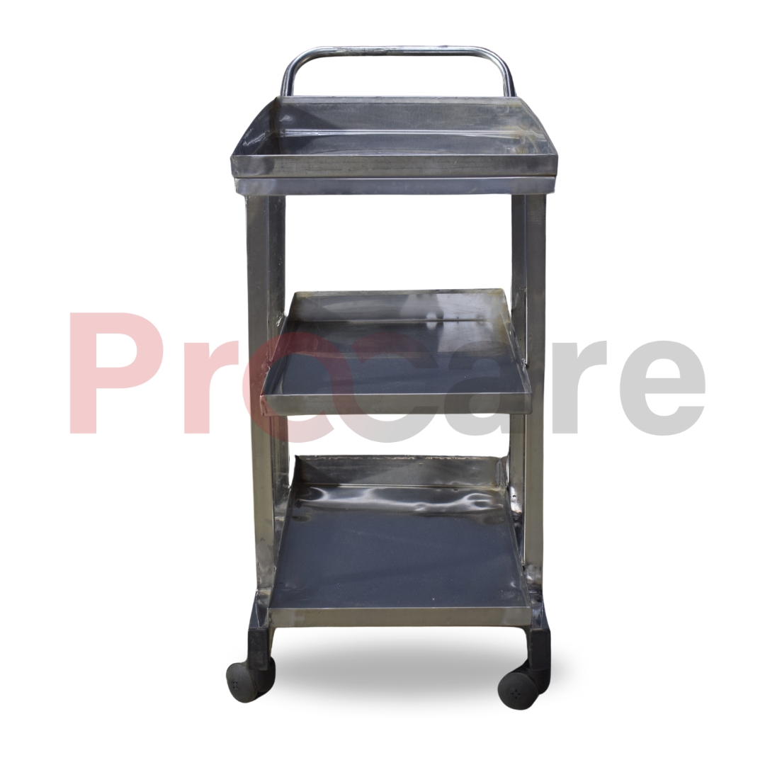 hospital ward bedside drug trolley with grab handle, Three SS trays, and Wheels