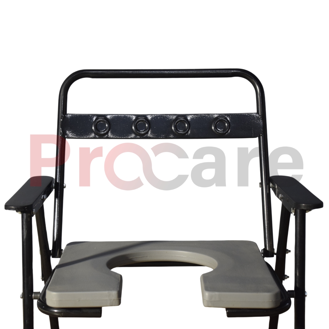 rehabilitation commode chair with metal handrest side view