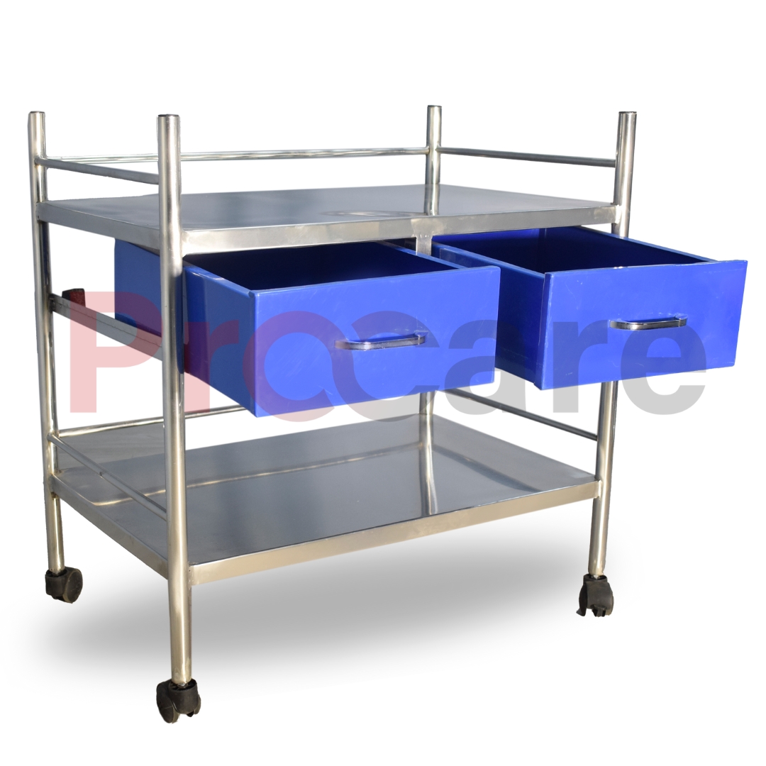 ward bedside SS medicine trolley with wheels and blue colored drawers and tray front view