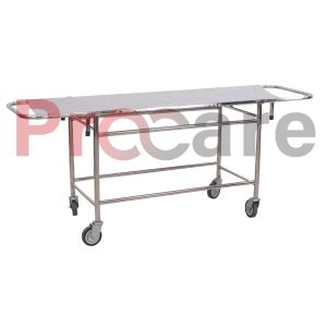 a stainless steel metal stretcher on wheels