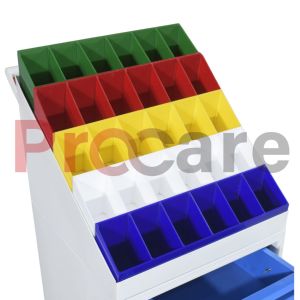 a drug trolley color coded boxes